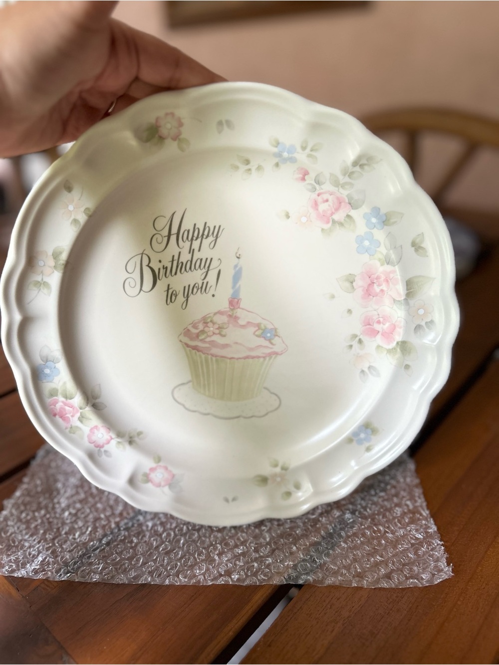 Birthday Floral Dessert Plate - White with Pink & Blue